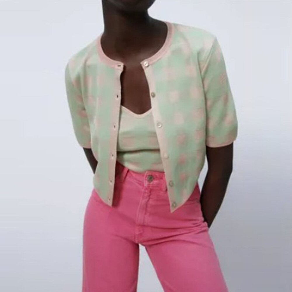 ZARA Gingham Check Short Sleeve Knit Cardigan Size Small